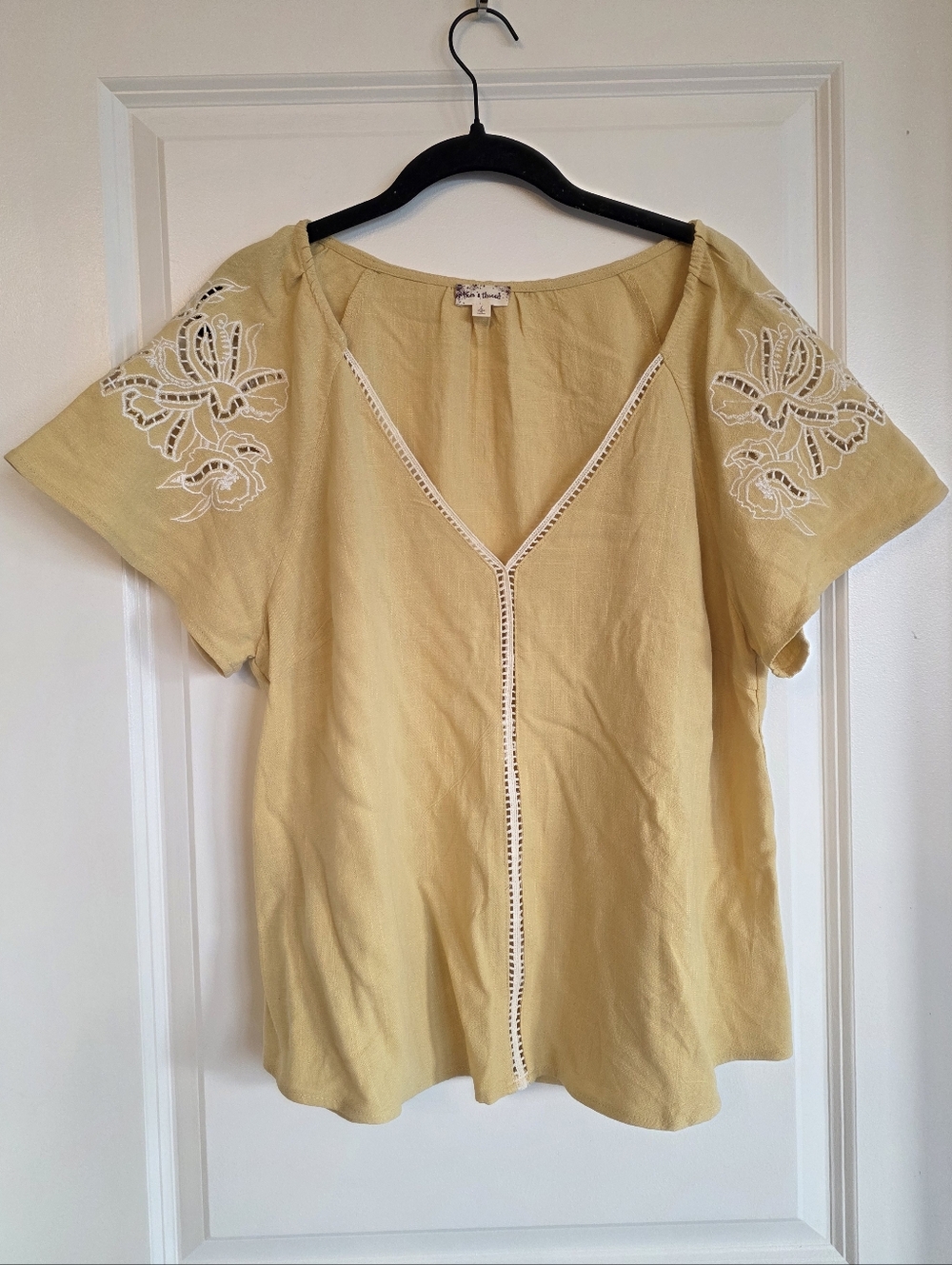 Hem & Thread Yellow V-Neck Tunic with White Embroidered Sleeves
